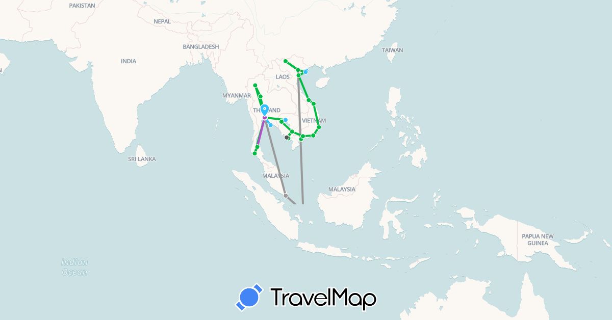 TravelMap itinerary: driving, bus, plane, train, boat, motorbike in Indonesia, Cambodia, Singapore, Thailand, Vietnam (Asia)